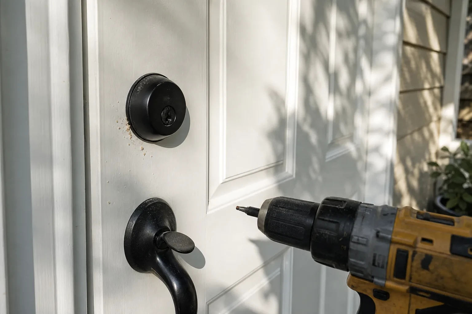 New deadbolt being installed in a front door