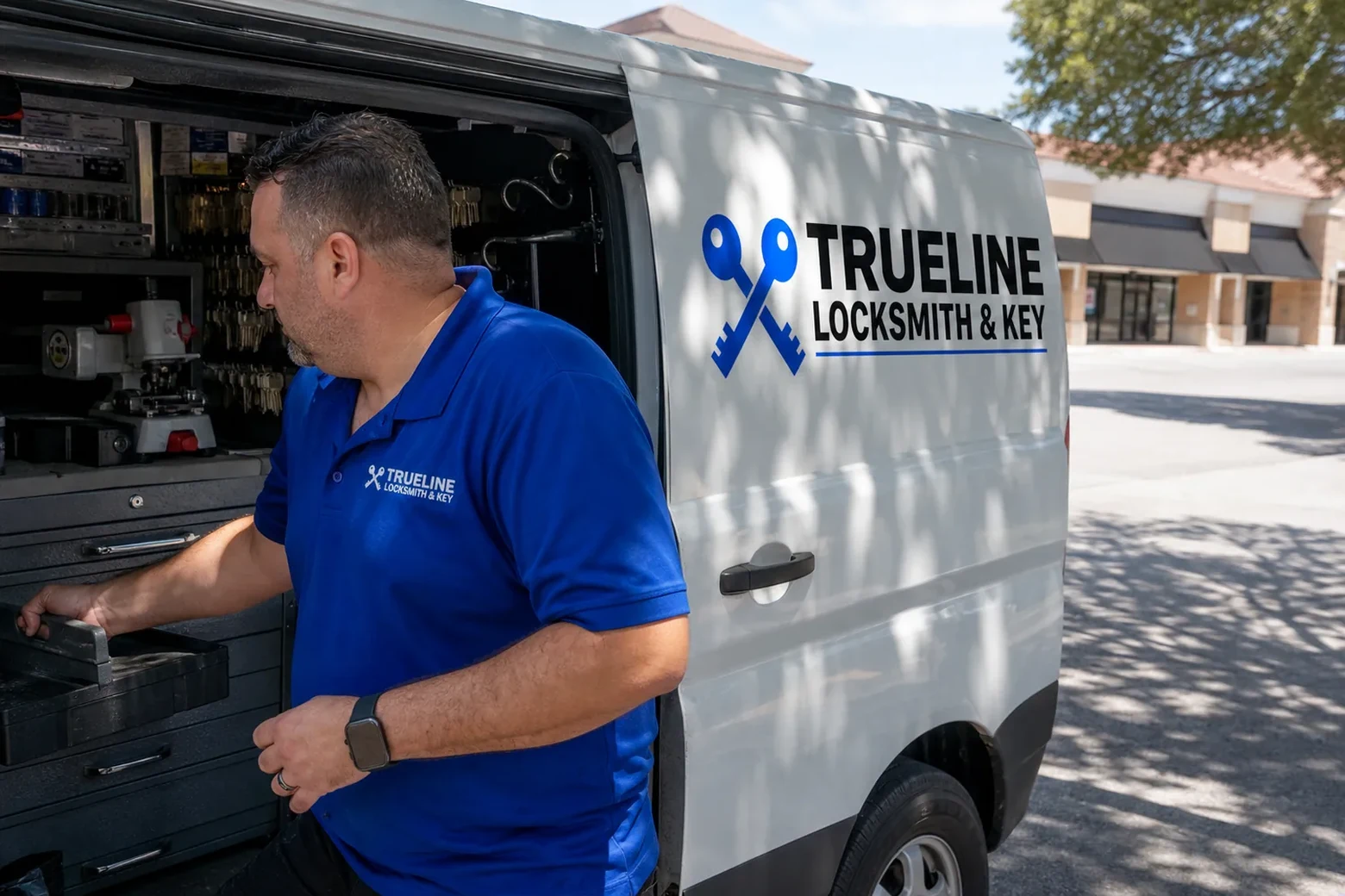 The Trueline Locksmith & Key service van, stocked for lockouts and key cutting in Denton