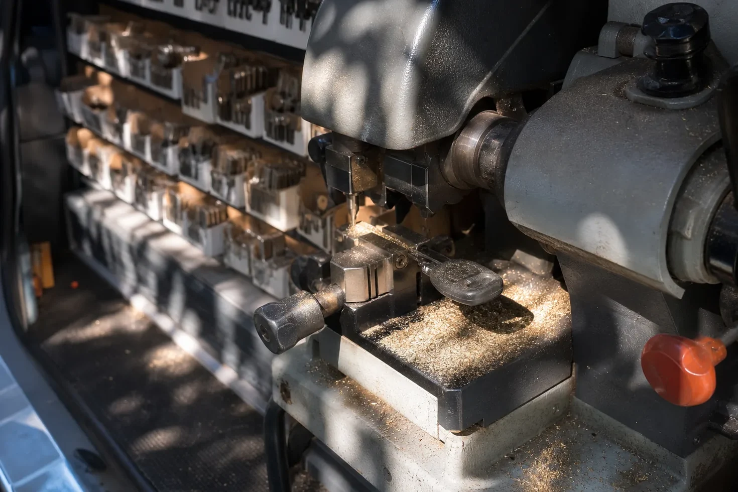Key cutting machine in the service van, Denton, TX